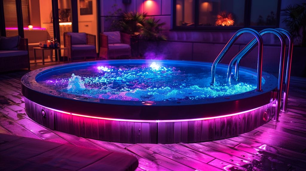 Above ground pool glowing at night with underwater LED lights in various colors and brightness levels.