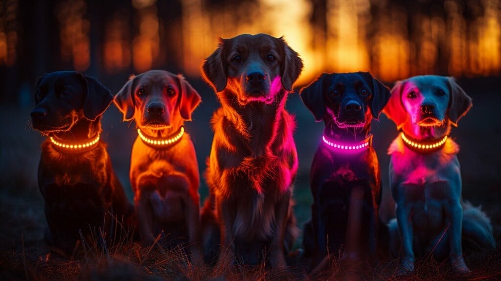 An assortment of dog collar lights, clip-on lights, and reflective vests demonstrating options for dog visibility during night walks.
