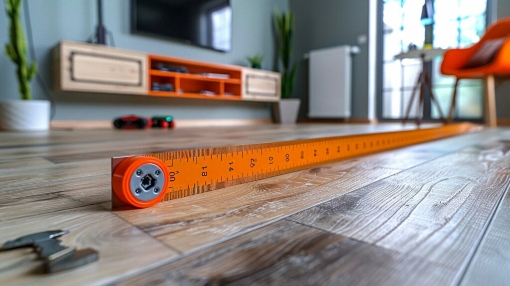 An image illustrating the process of measuring and determining the ideal height for light switches using a measuring tape, level, and pencil.