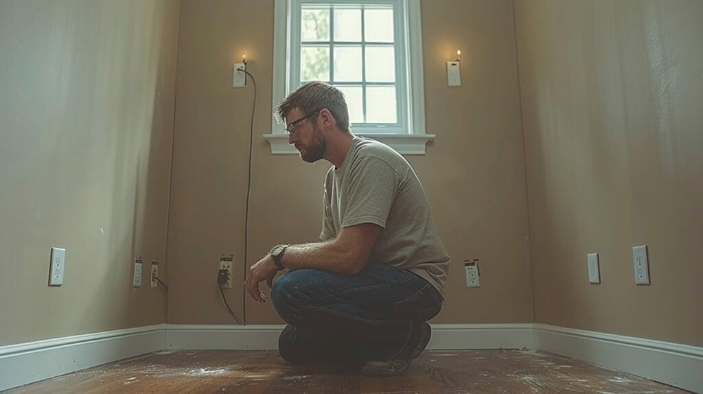 An image of a person measuring from the floor and marking the wall for light switch installation, then installing the switch at the marked height.