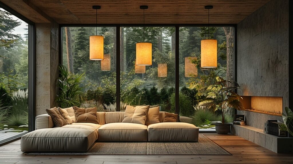 An image showcasing an array of living room lights including floor lamps, pendant lights, and recessed lighting.
