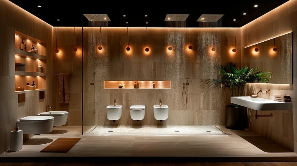 Assorted shower lights display including recessed, pendant, and LED strips.