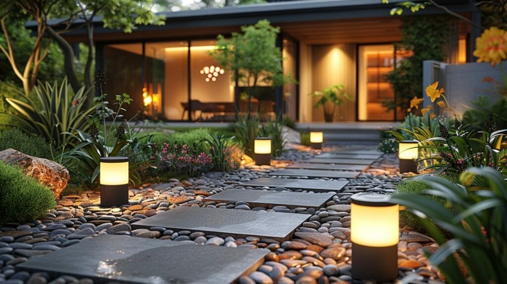 Backyard highlighted by bright solar flood lights enhancing security and ambiance.