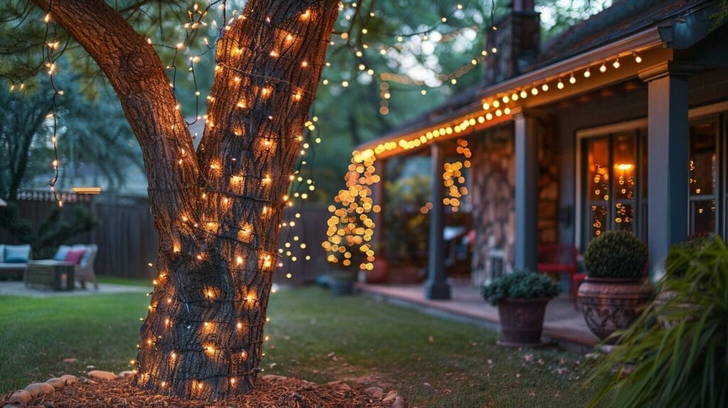 Backyard patio with string lights hung from trees in various patterns.