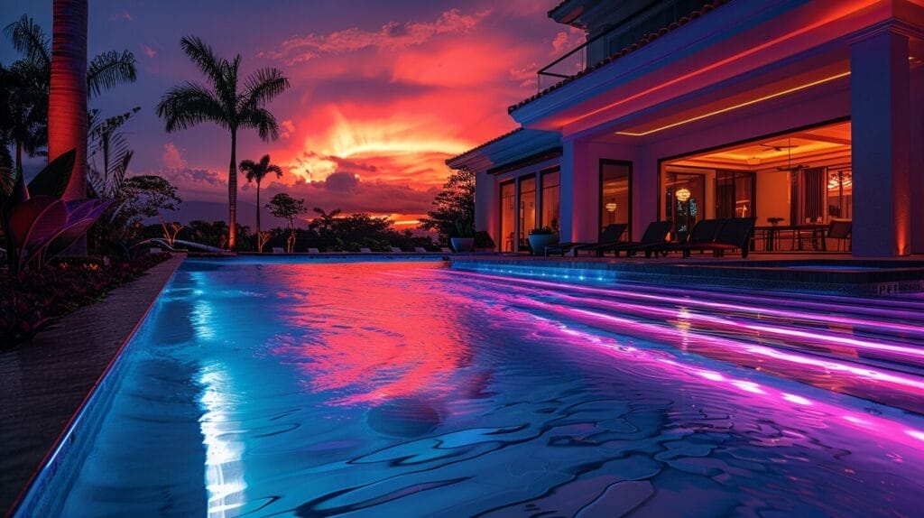 Backyard pool with colorful LED lights, creating a fun swimming atmosphere.