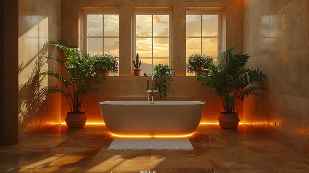 Bathroom with warm LED lighting, showing various bulb options and their ambiance effects.