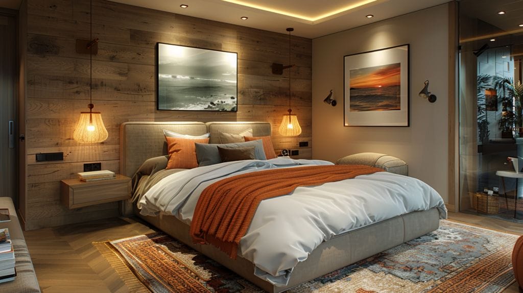 Bedroom and well-lit basement with pendant lights, sconces, and lamps creating a warm ambiance.