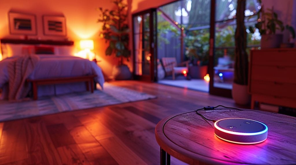 Bedroom corner with Amazon Echo glowing softly, casting gentle light.
