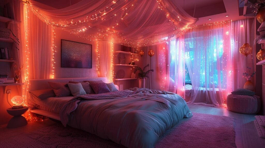 Bedroom with a canopy bed with fairy lights, a soft warm color palette creating a magical ambiance.