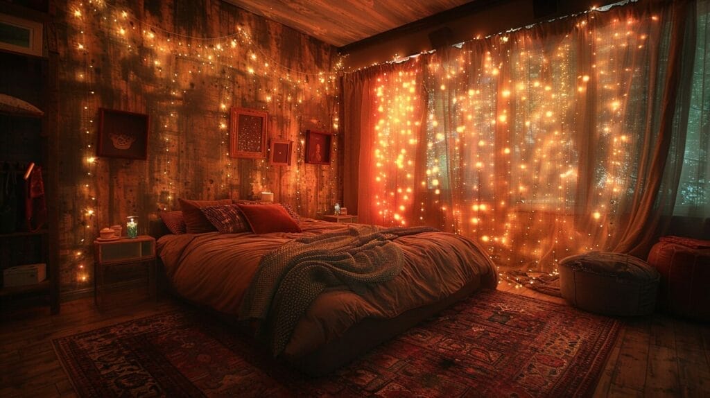 Bedroom with fairy lights across the ceiling, around bedposts, and hanging as curtains for a magical ambiance.