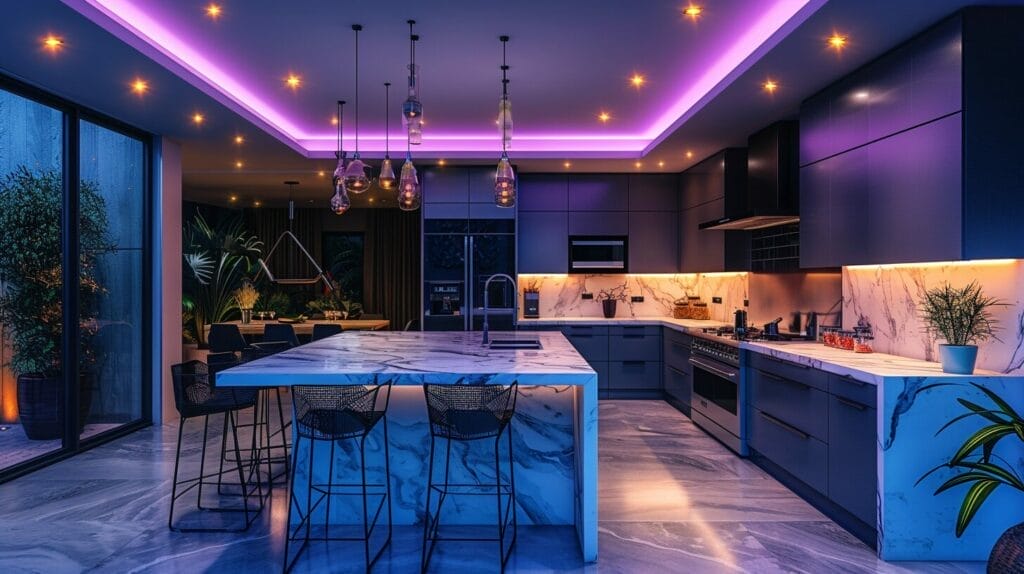 Bright LED ceiling lights in a modern kitchen, illuminating a marble countertop and appliances.
