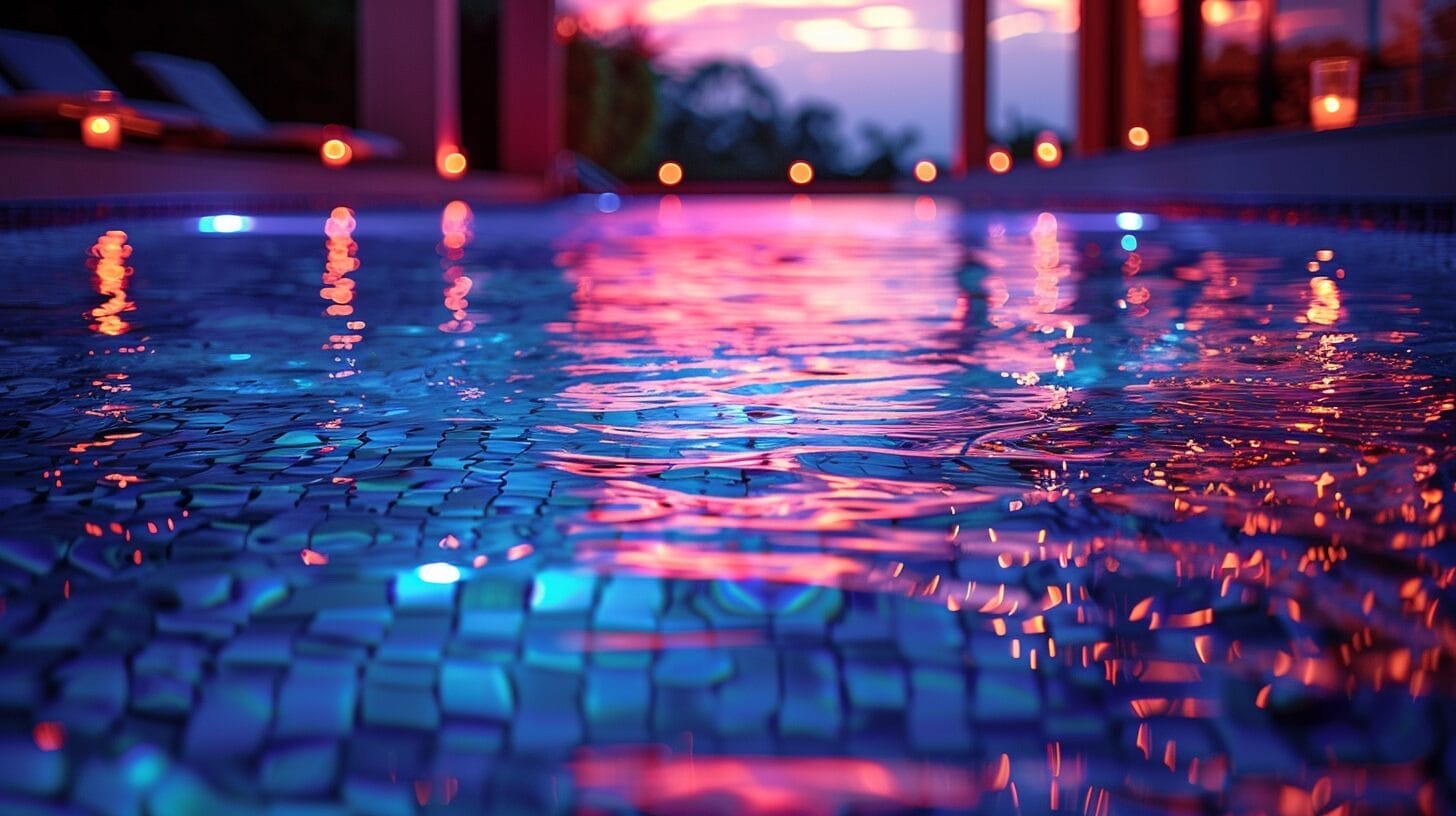 Bright LED light in pool at night with colorful reflections.