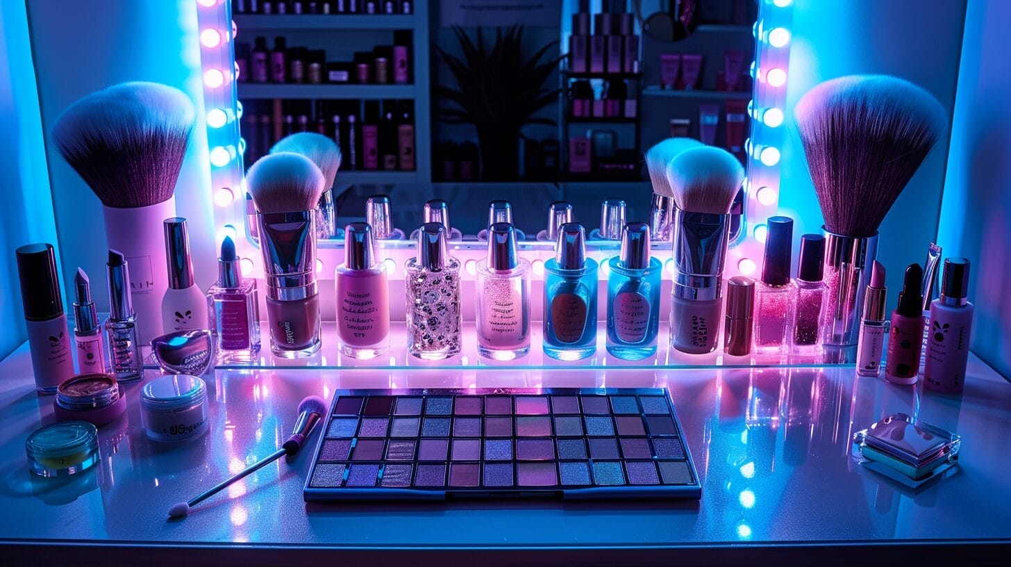 Brightly lit makeup vanity with LED lights, makeup products, and brushes.