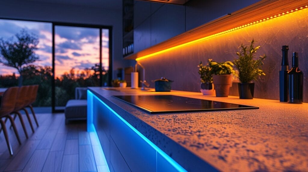 Close-up image of hands installing LED under cabinet lights in a kitchen.