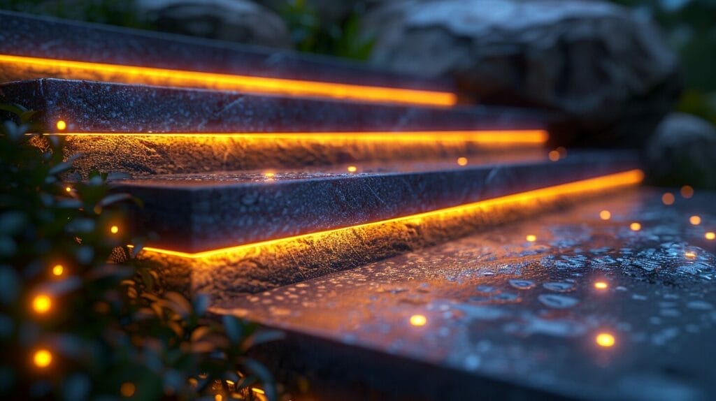 Close-up image of outdoor stairs at night, highlighted by small, recessed lights on each step.