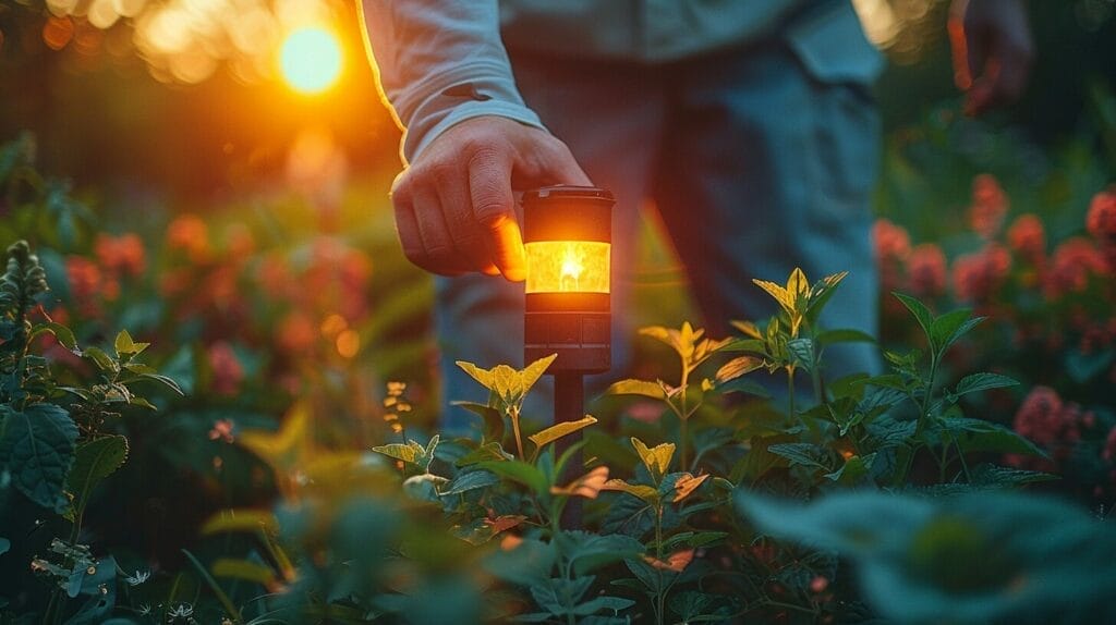 Close-up of commercial solar light installation in a garden at sunset.