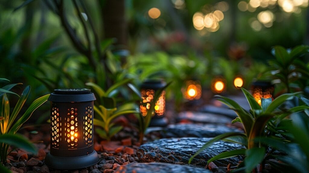 Close-up of garden pathway with twinkling solar mini lights, warm glow.