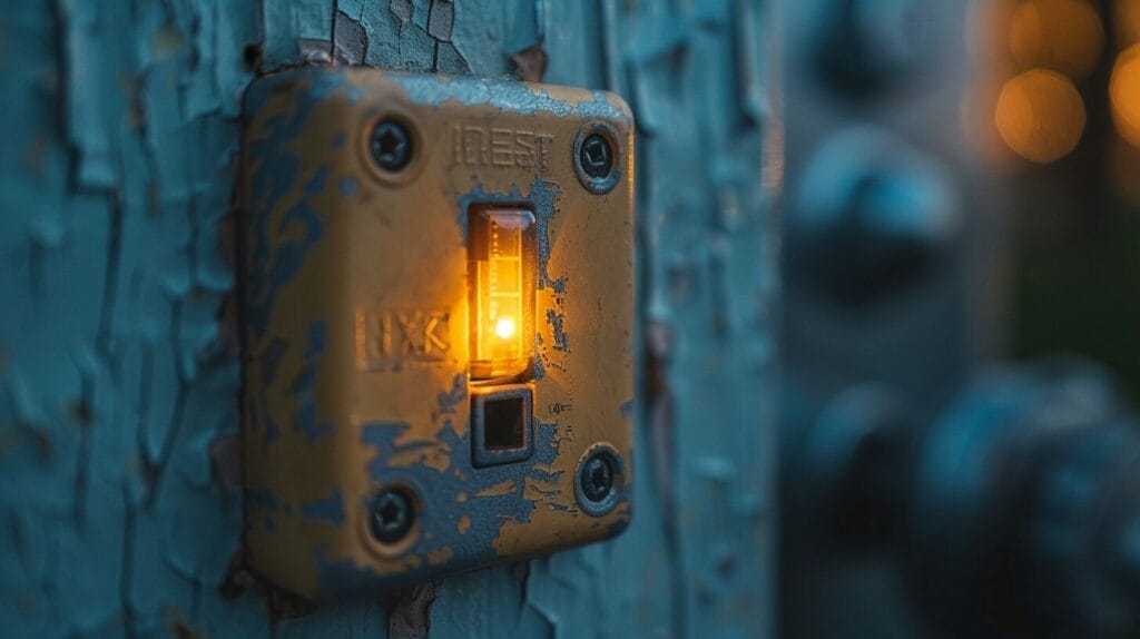 Close-up of light switch with broken toggle, with electrical breaker box visible in the background.