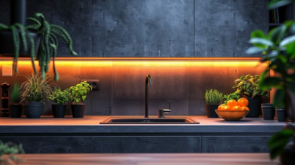 Close-up of modern LED light fixture over a stylish kitchen sink.