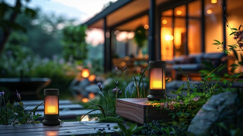 Close-up of modern solar light at dusk, accentuating a peaceful outdoor area.