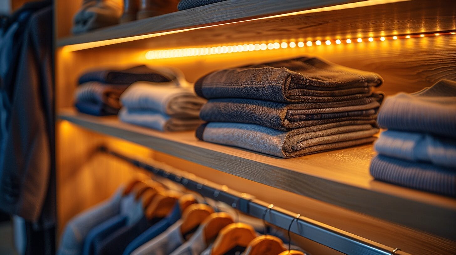 Close-up view of a closet with LED lighting on top shelf, highlighting organized clothes and shoes with a warm glow.