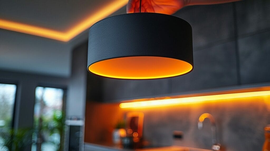 Close-up view of an electrician installing a modern ceiling light in a bright kitchen.