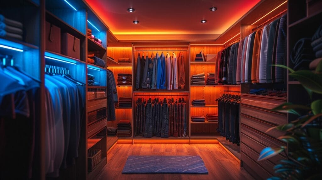 Closet with diverse LED lights installed, displaying different brightness, motion sensors, and color temperatures.