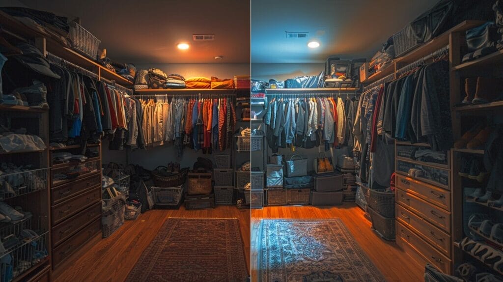 Cluttered closet transformed with bright LED lights illuminating organized shelves, drawers, and racks.