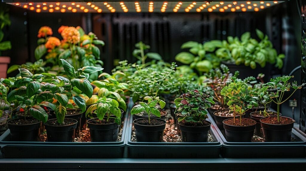 Collection of varied, healthy plants thriving under a budget-friendly grow light setup.