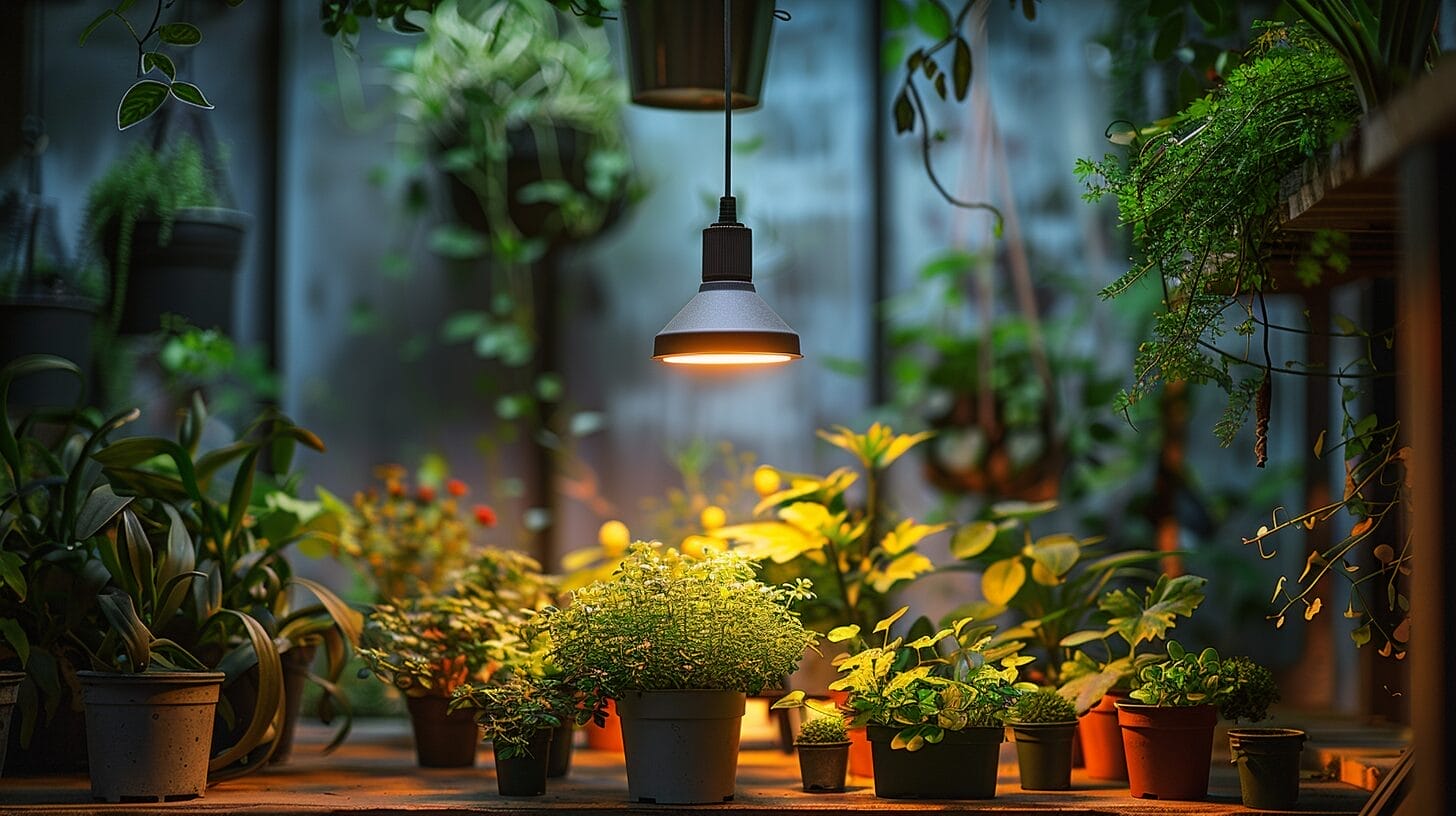 Compact indoor garden illuminated by a small grow light, showcasing lush, vibrant plants.