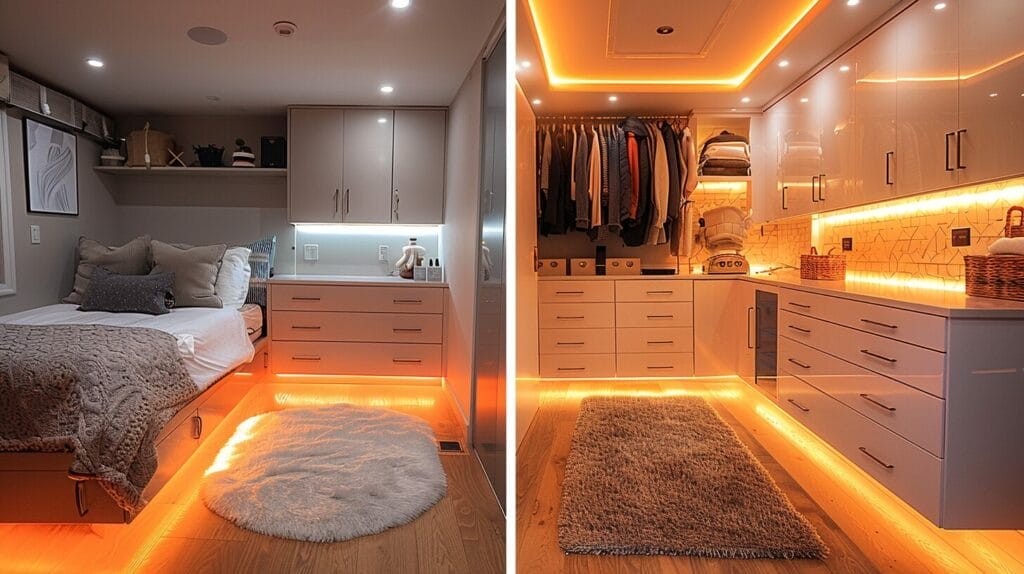 Comparison of varied LED closet lights with different brightness levels and designs, illustrating rankings and reviews.