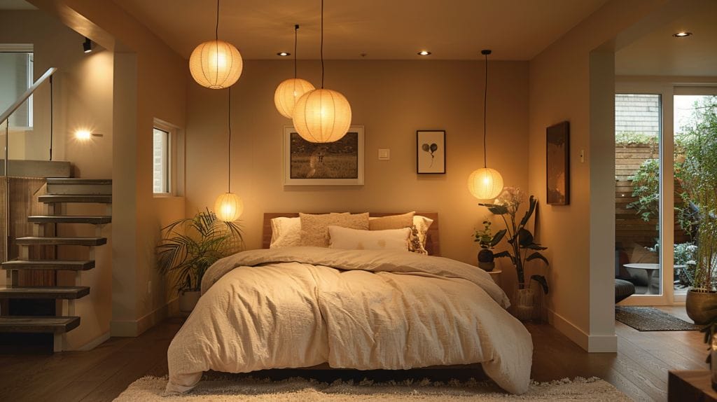 Cozy bedroom and spacious basement lit by modern, inviting LED fixtures.