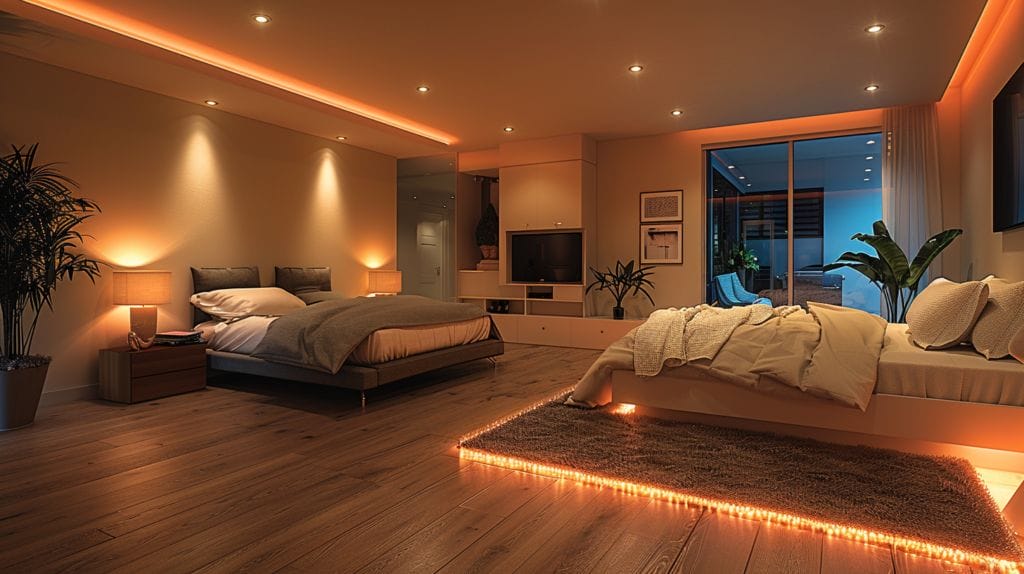 Cozy bedroom and stylish basement with varied lighting fixtures emphasizing proper illumination.