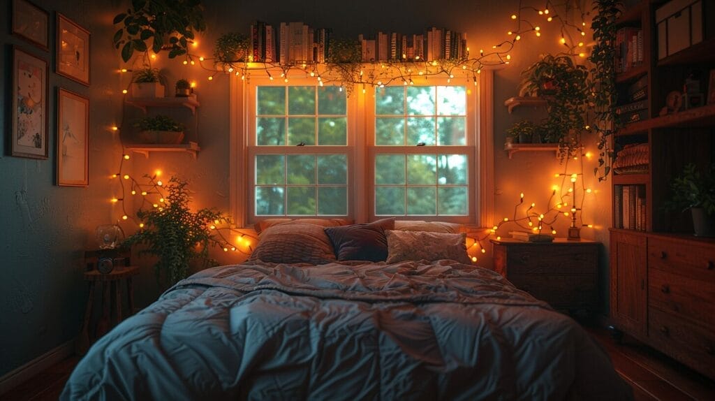 Cozy bedroom with safe string lights around the bed frame, casting a warm inviting glow.