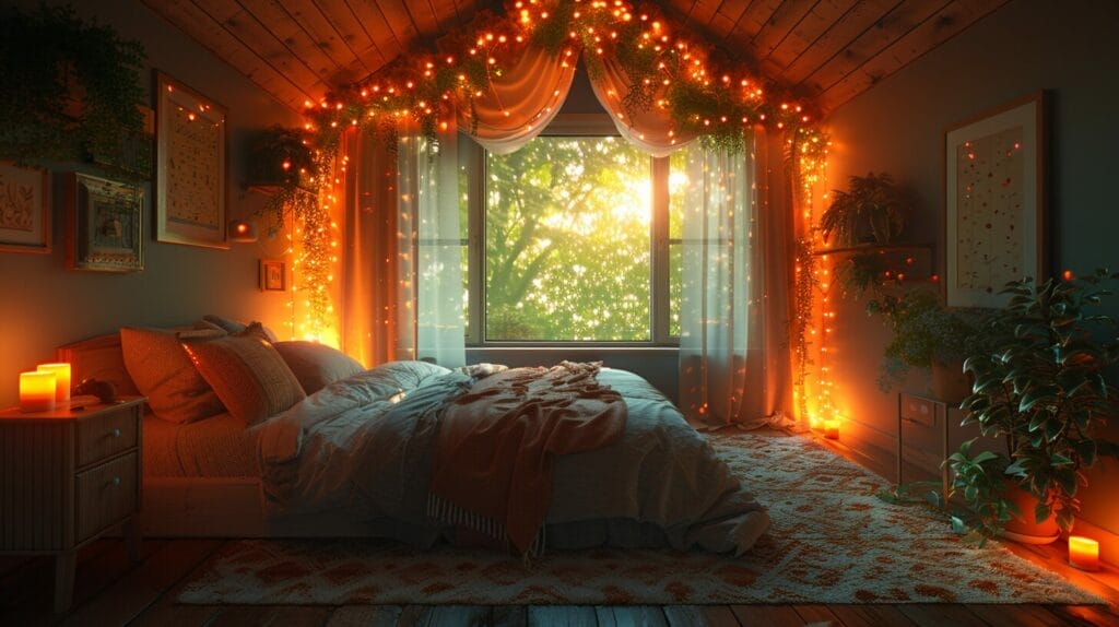 Cozy bedroom with string lights on walls and ceiling, mix of fairy lights, lanterns, and candles creating a magical ambiance.