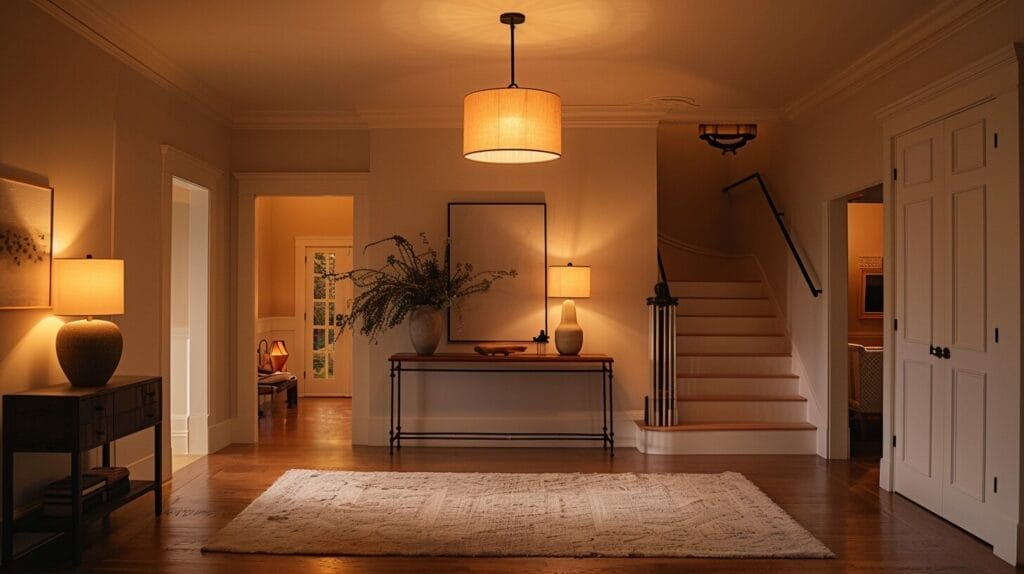 Cozy entryway with modern pendant light above stylish console table.