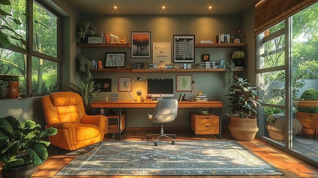 Cozy home office, sleek desk, ergonomic chair, shelves with books and plants, stylish table and floor lamps.