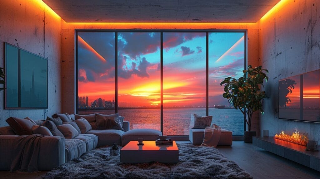 Cozy living room with warm glow from fake window LED light.