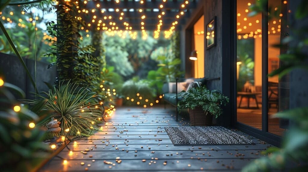 Cozy outdoor patio with garden and solar-powered Christmas lights.