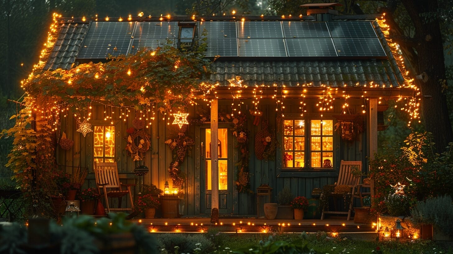 Cozy outdoor patio with solar-powered twinkling Christmas lights.