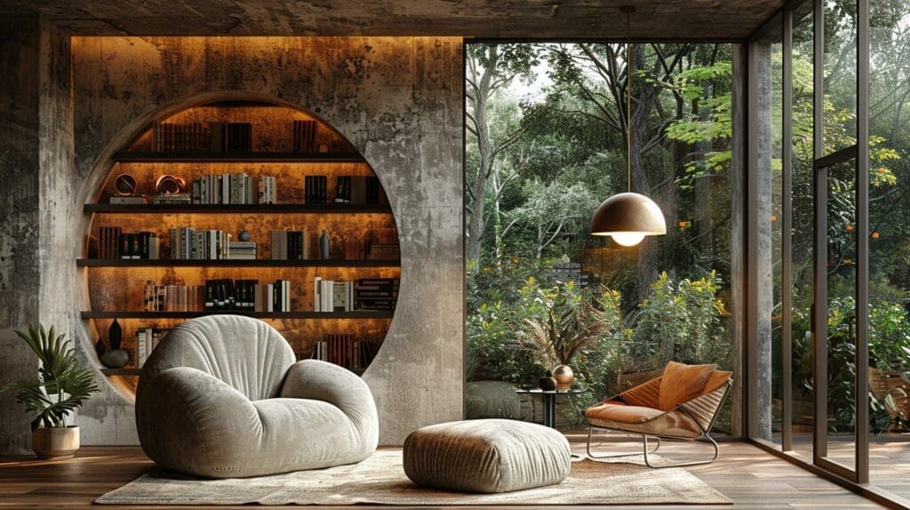 Cozy reading nook with modern pendant LED light, plush armchair, and books.
