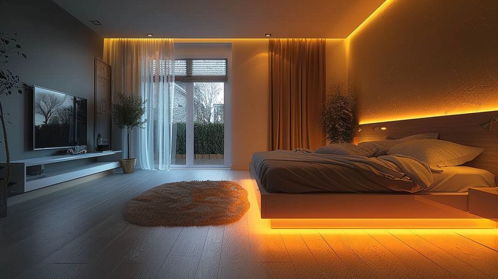 Create an image showcasing a cozy bedroom with warm, ambient lighting and a bright, well-lit basement with LED fixtures.