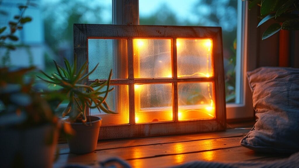 DIY fake window LED light with wooden frame and frosted glass.