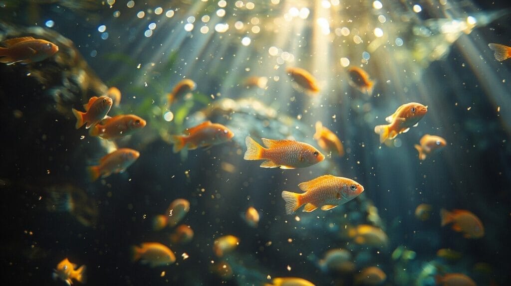 Dark aquarium with bright overhead light casting harsh shadows on stressed fish.