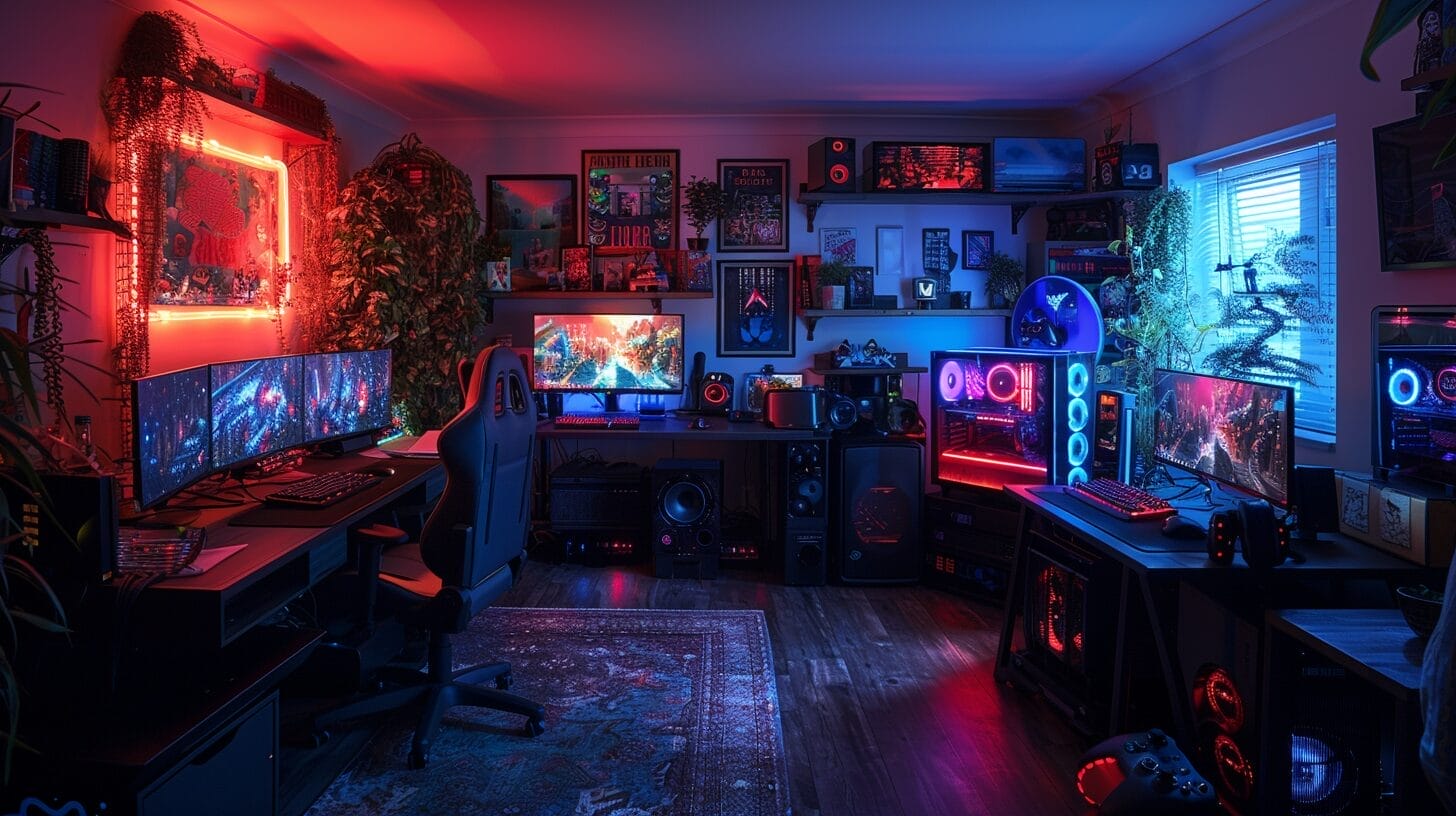 Dark game room lit by vibrant LED lights, highlighting gaming consoles and chair.