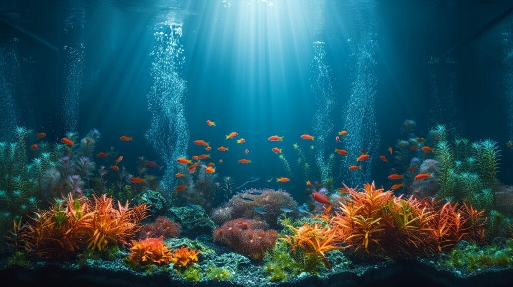 Dimly lit aquarium with fish swimming under a soft blue glow.