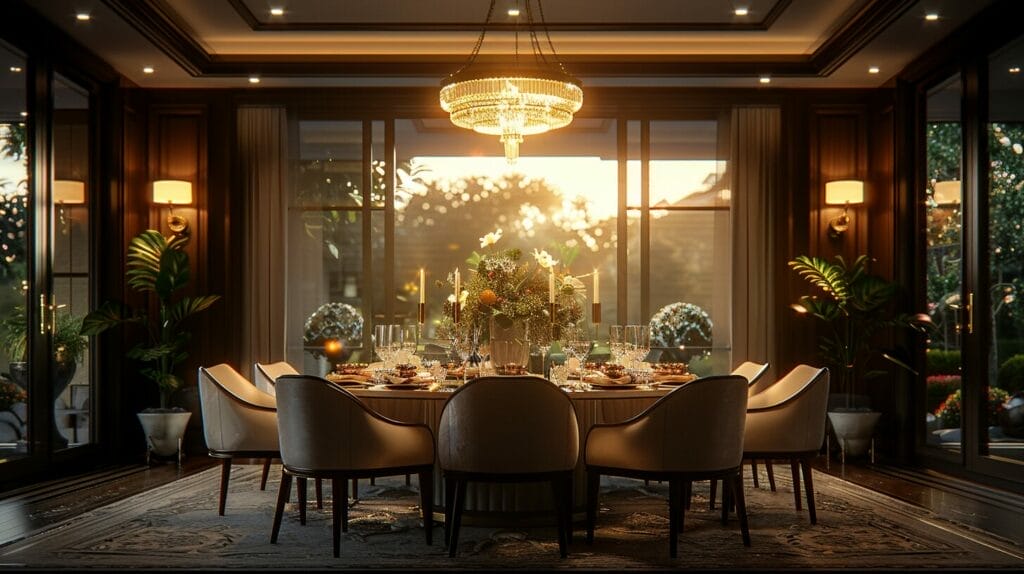 Dining room set for fancy dinner with modern chandelier.