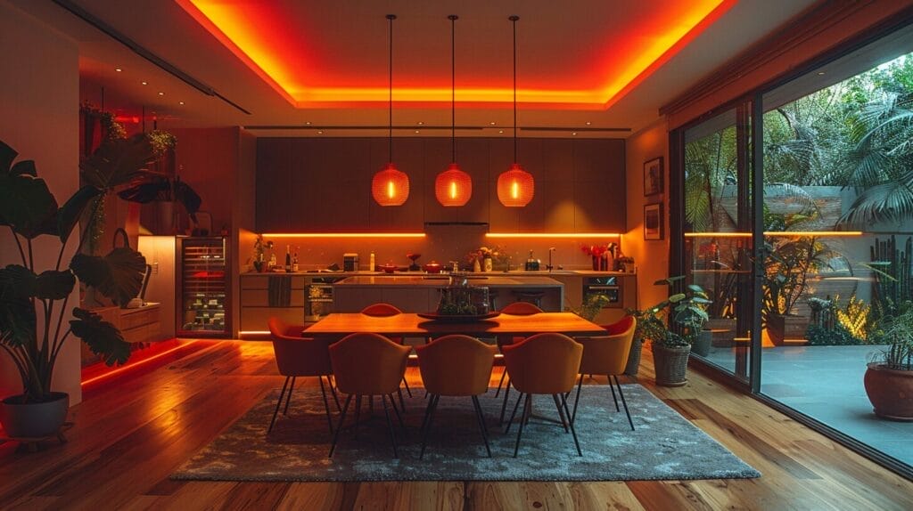 Dining room with unique modern geometric chandelier or pendant lights.