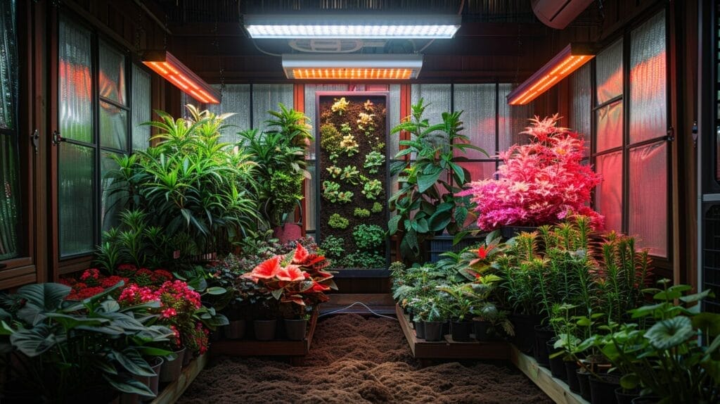 Diverse indoor garden thriving under varying grow light spectrums and intensities.