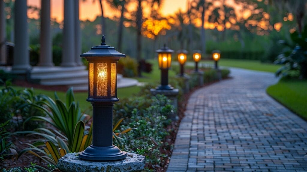 Driveway entrance lit by high-quality solar lights with motion sensors and bright LED bulbs.